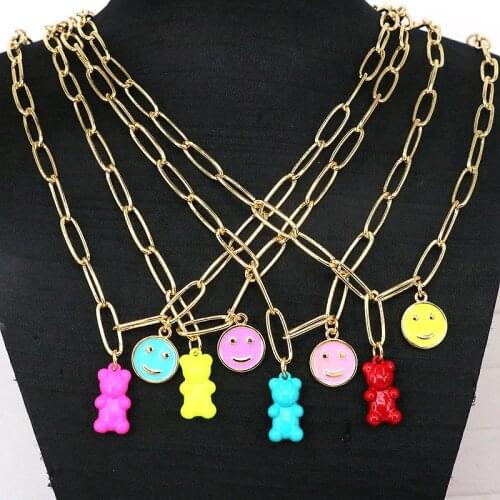 5Pcs Lovely Animal shape enamel And Smile face charm necklace,multicolor plated Summer jewelry,popular copper Link Chain necklac