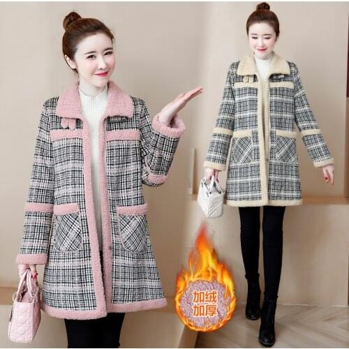 Lattice splice Lamb wool coat female Autumn Winter New Large size women warm Plush famale jacket Long sleeve Cotton Outerwear