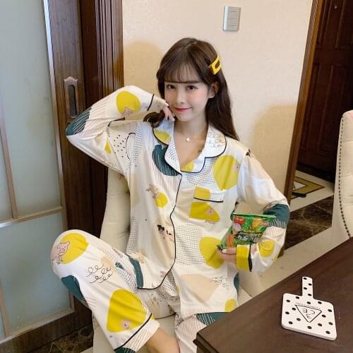 Korean Cartoon Printed Girls Pajamas Set Cute Winter Long Sleeve Leisure Sleepwear For Women Loose Nightwear Homewear Suit