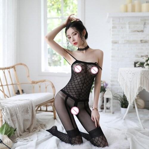 Sexy Black Fake Grid Jacquard Garter Seamless Body Stockings Open Crotch Tight Erotic Lingerie Sleepwear Hot Harness Bodysuit