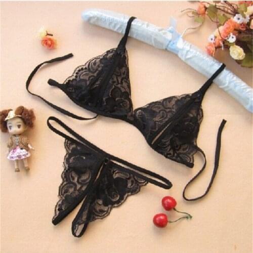Sexy Women Lace Bra + T Pants Underwear Lady G-string Open Crotch Sleepwear