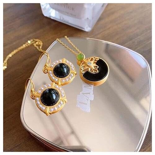 Silver inlaid natural Hetian Jade Pendant Necklace Earrings Chinese classical style elegant light luxury charm womens jewelry