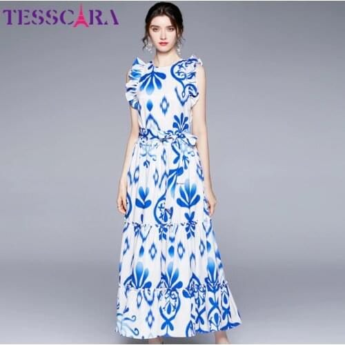 TESSCARA Women Summer Elegant Tank Dress Festa Female High Quality Long Vinatge Party Robe Femme Ruffle Designer Blue Vestidos