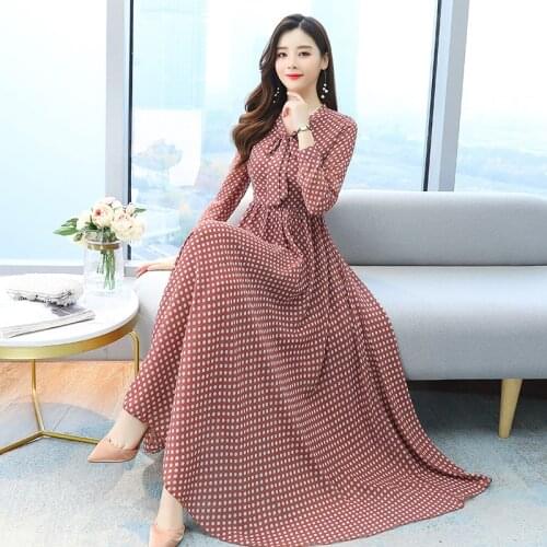 TingYiLi Retro Bow Tie Neck Dot Printed Women Dress Spring Summer Long Sleeve Maxi Dress Korean Style Elegant Chiffon Dress Long