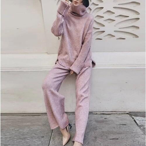 Knitwear wide leg pants suit new fashion solid color turtleneck split sweater loose wide leg pants two-piece womens clothing