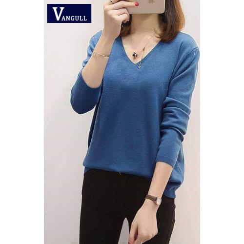 Vangull V-neck Oversize Pullovers Sweaters Womens Spring New Solid Knitted Casual Loose Soft Bottoming Female Basic Sweater Top