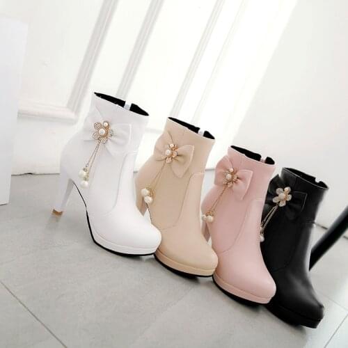 YMECHIC 2018 Lady Lovely Lolita High Heel Party Wedding Shoes Womens Pink White Butterfly-knot Bead Crystal Fashion Ankle Boots