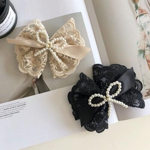 Lace pearl bow hair clip fashion hair accessories women back head streamer hairpins ball head plate spring clip wild headwear