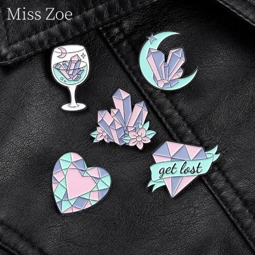 Pink Purple Girly Heart Diamond Crystal Enamel Pin Goblet Crescent Heart Metal Alloy Brooch Multidimensional Badge Women Jewelry