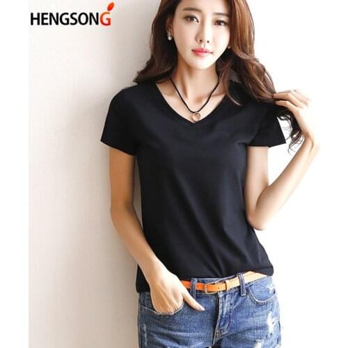 2020 Summer Short Sleeve T Shirt Women V Neck/R Neck Solid Color Tees Black White Simple Female T Shirt Casual Tees Tops