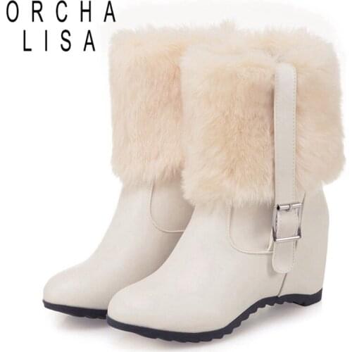 ORCHALISA Winter Fur Midcalf Boots Waterproof 7cm Hidden Wedge Heel Woman 2022 7cm Chunky Square Heels Small Big 33-43 S2419