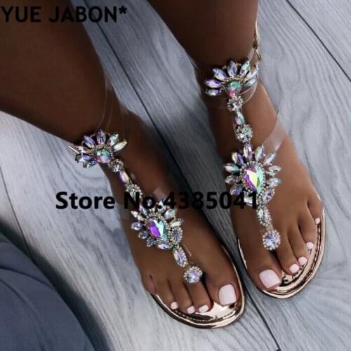 Plus Size 43 femmes sandales women Rhinestones Chains Flat Sandals Thong Crystal Flip Flops gladiator sandals женские босоножки