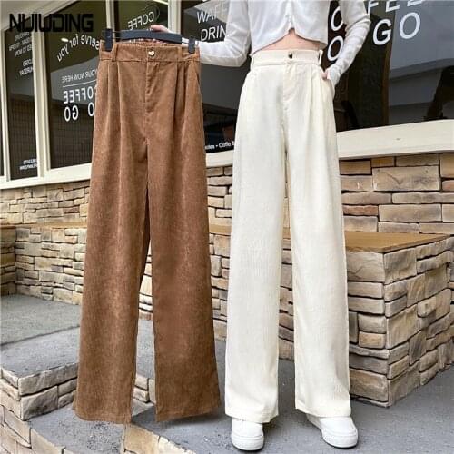 Women High Waist Wide Leg Pants For Autumn Solid Pinstripe Corduroy Long Pant Female Loose Casual Elastic Waist Long Troulsers