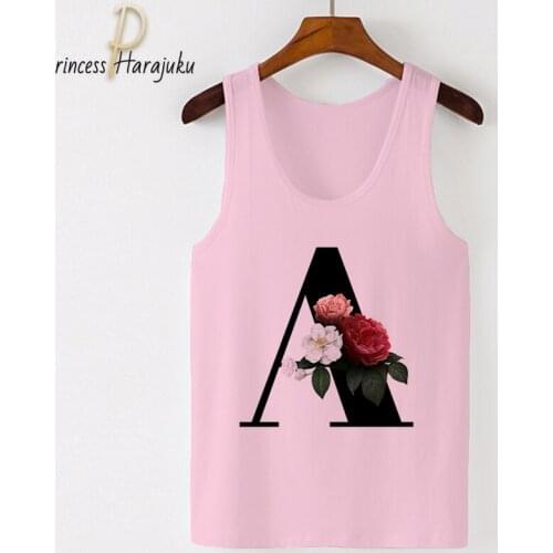 2020 New Camisole Tank Tops Women Cartoon 26 English Alphabet Print Tops Tee Casual Loose O-neck Sexy Pink Sleeveless Ladies