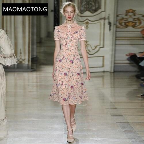 Fashion Runway Dress Summer Womens Dress Sequins Mesh Turn-down Collar Short Sleeve Ruffles Floral-Print Dresses