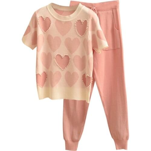 2021 Newsummer Love printed knitted 2 Peice Set Women short sleeve beading Sweater Female tops+pants Suit pink casual Tracksuit