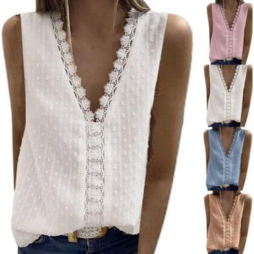 Lace Blouses Shirts Sexy Club Female Skin-friendly Shirts Deep V Summer Fashion Tops Lace Sexy V Neck Sleeveless Fashion Tops