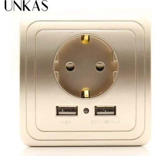 UNKAS 16A 250V kitchen plug socket Electrical Outlet 5V 2A Dual Wall Socket Socket with USB wall outlet EU Ports Charger