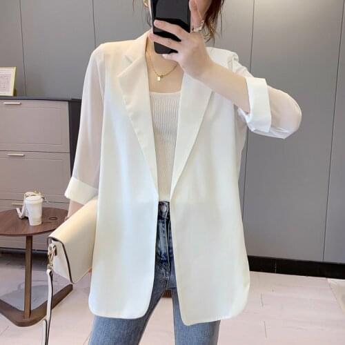 Summer Chiffon Blazer Women Long Sleeve White Suits Top 2021 Thin Elegant Notched Tops Office Lady Slim Cardigan Blazer Outwear