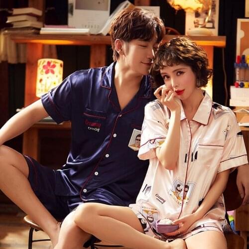 Lovers' Ice Silk Pajamas Womens Summer Thin Short Sleeve Lovely Mens Or Womens Pajamas Set