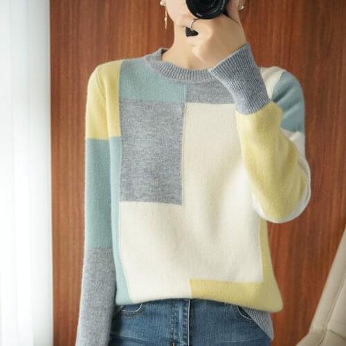 Colorblock round neck fashion high-quality 100% wool sweater women FRSEUCAG brand loose and versatile full-sleeve knitted New
