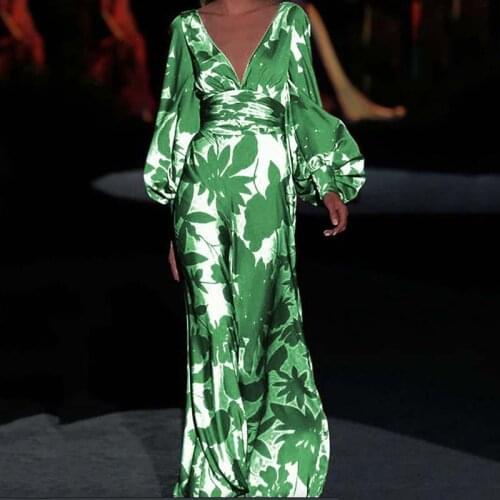 Print Dress Long Lantern Sleeve Deep V Neck Woman Dress High Waist Casual Vintage Fashion Party Beachwear Maxi Dress Vestidos
