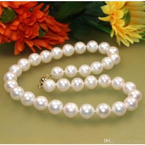 Selling solid gold 9-10mm White Freshwater Cultured Pearl Necklace>>> free shipping
