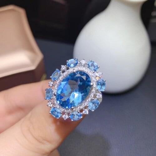 Luxurious round Sun flower Natural gem stone Ring S925 Silver big 10*14mm Natural blue topaz Ring Womens party gift Jewelry
