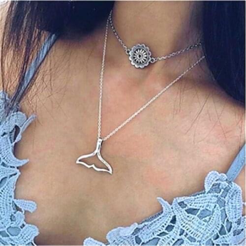 Vintage Double Layer Flower Neckalce Fashion Personality Mermaid Tail Necklaces Pendant For Women Boho Party Jewelry Wholesale