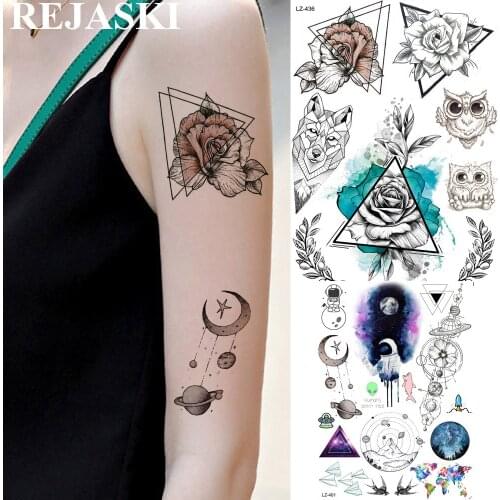 REJASKI Triangle Rose Flower Owl Fox Temporary Tattoos Sticker Geometric Fake Tatoos For Women Body Art Arm Hand Custom Tattoo