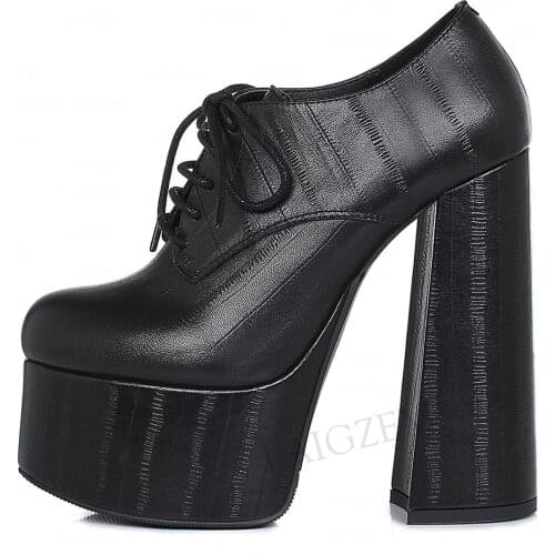 LAIGZEM Top Women Platform Boots Real LEATHER Block High Heels Short Booties Height Increase Ladies Shoes Woman Size 33 38 39 41