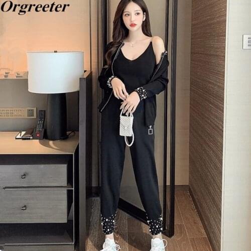 Fall Winter New Knitted Coat Pants 2 Piece Set Women Beaded Zip Cardigan Sweaters + Chain Vest + Harem Pants 3 Piece Set Female