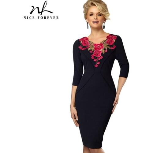 Nice-forever Spring Women Elegant Embroidery Work Dress Business Formal Party Vintage Bodycon Dress B330