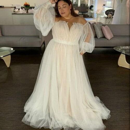 Plus Size Boho Wedding Dress Off the Shoulder Long Puffy Sleeve Pleats Ruched TSoft Tulle A Line Bridal Gown robe de marie
