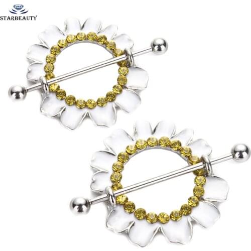 1Pair Nipple earrings rings 14G Sexy Oil Drop 316L Steel White Sunflower Nipple ring body piercing jewelry Nickel-free 14G