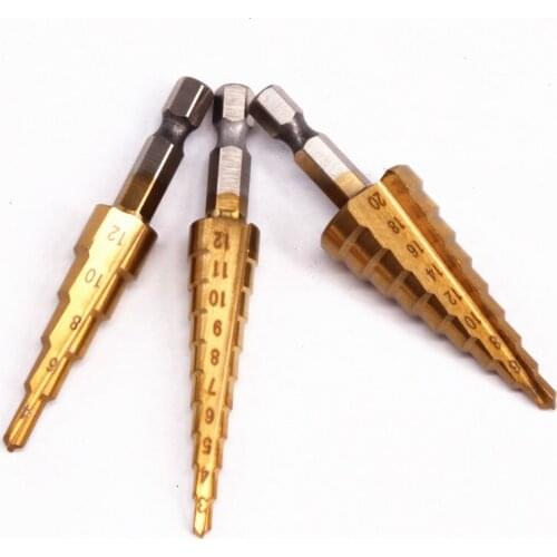 3Pcs 3-12 4-12/20mm HSS Steel Cone Drill Bit Set Metric Spiral Flute The Pagoda Shape Hole Cutter HSS Steel Step Sharpening