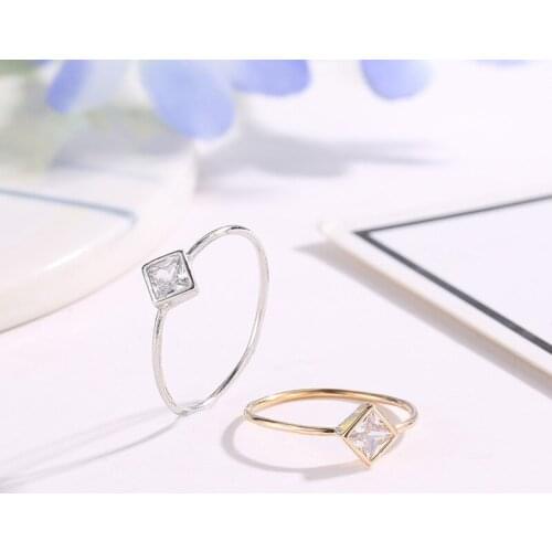 5 Sizes Geometric Square Faceted Zircon Thin Band Silver Plated Golden Rings For Women