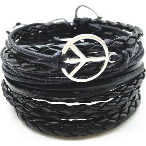 5pcs/Set Fashion Vintage Punk Black Weave Wrap Tree Anchor Music Peace Charm Leather Bracelet For Women Female Male Men Jewelry