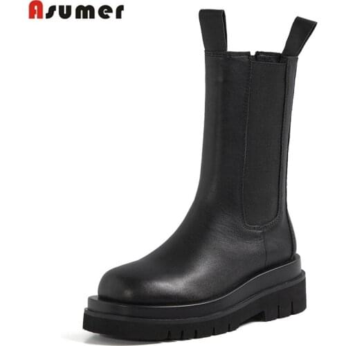 ASUMER Size 34-43 100% Nature Full Cow Leather Boots Women Slip On Chelsea Boots Platform Fashion Ankle Boots For Women Shoes