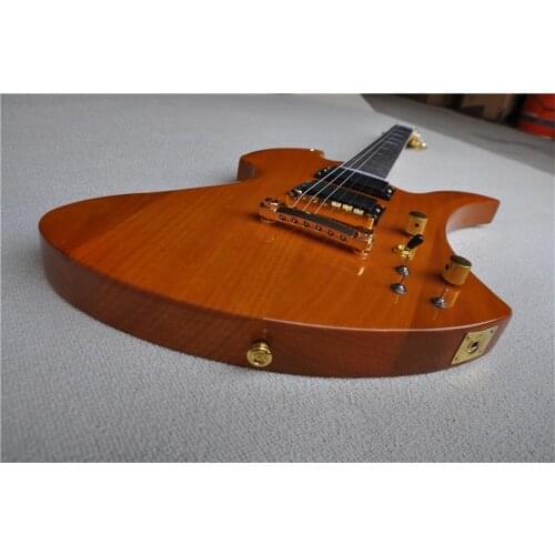 Free shipping custom 6 string light yellow guitar,mahogany body,maple neck shell inlay,black pickups,gold button