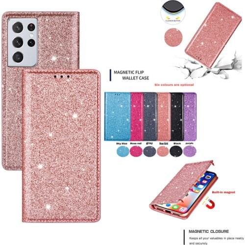 Shiny Case Flip Phone Case For Samsung S20 S21 Ulitra S20 FE 5G Magnetic Wallet Card For Galaxy Note 20 Ultra Phone Coque Etui