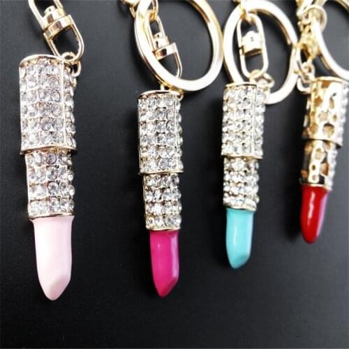 New Fashion Metal Full Rhinestone Crystal Lipsticks Shape Keychains Bag Pendant Delicate Key Chain For Woman Birthday Gifts