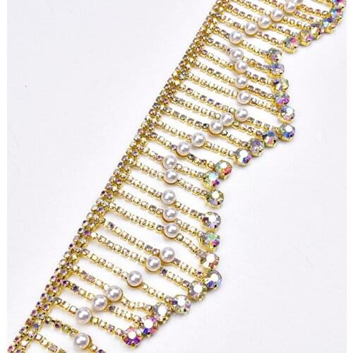 Gold AB Color Rhinestone Pearl Tassel Diamond Chain Crystal Fringe Trimming Wedding Dress Costume Mask diy Jewelry Accessories