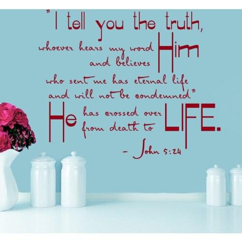 Home Decor Wall Decal Bible Verses Psalms John 5:24 I Tell You The Vinyl Art Fancy Calligraphy Font Sticker Church Paper LA851