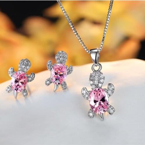 Elegant Pink Zircon Turtle Necklace Earrings Oval Crystal Animal Jewelry Sets For Women Vintage Silver Color Bridal Wedding Sets