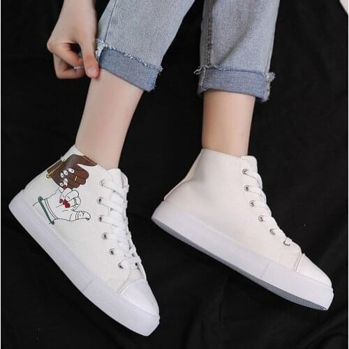 Women High Top Casua Shoes Retro Fashion Black Graffiti Lace Up Canvas Shoes Women Sneakers Breathable Vulcanized Shoesl W31-30