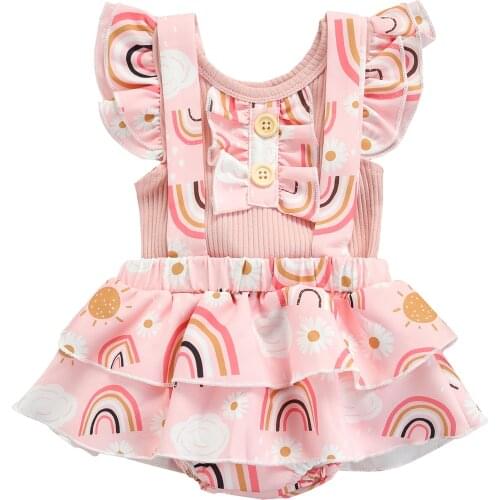 Newborn Baby Girls Summer Outfits Ruffle Sleeve Rib Knit Tee Tops + Suspender Skirt 2Pcs Clothes Set Infant Baby Clothing Suit