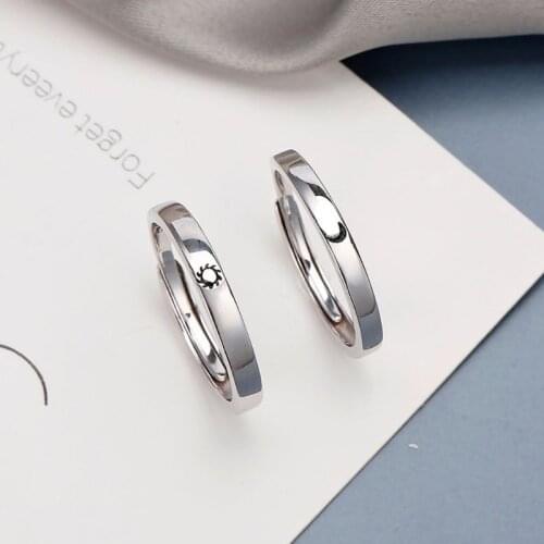2Pcs Sterling Silver Sun Moon Lover Couple Rings Set Promise Wedding Bands for Him and Her Valentines Day Jewelry Gift 264E