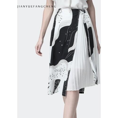 Fashion Printed Chiffon Women Summer Skirt Pleated High Waist A-Line Asymmetrical Mid-Calf Female Casual Beach Skirts Jupe Femme