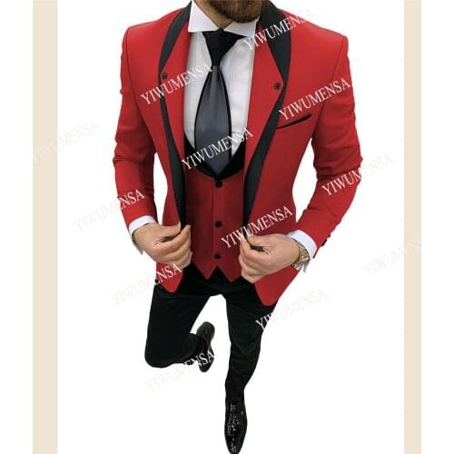 YIWUMENSA Slim Fit Red Mens Suits Blazer Masculino 3 Pieces Set Wedding Tuxedos Peaked Lapel Jacket+Vest+Pants Tailor-Made